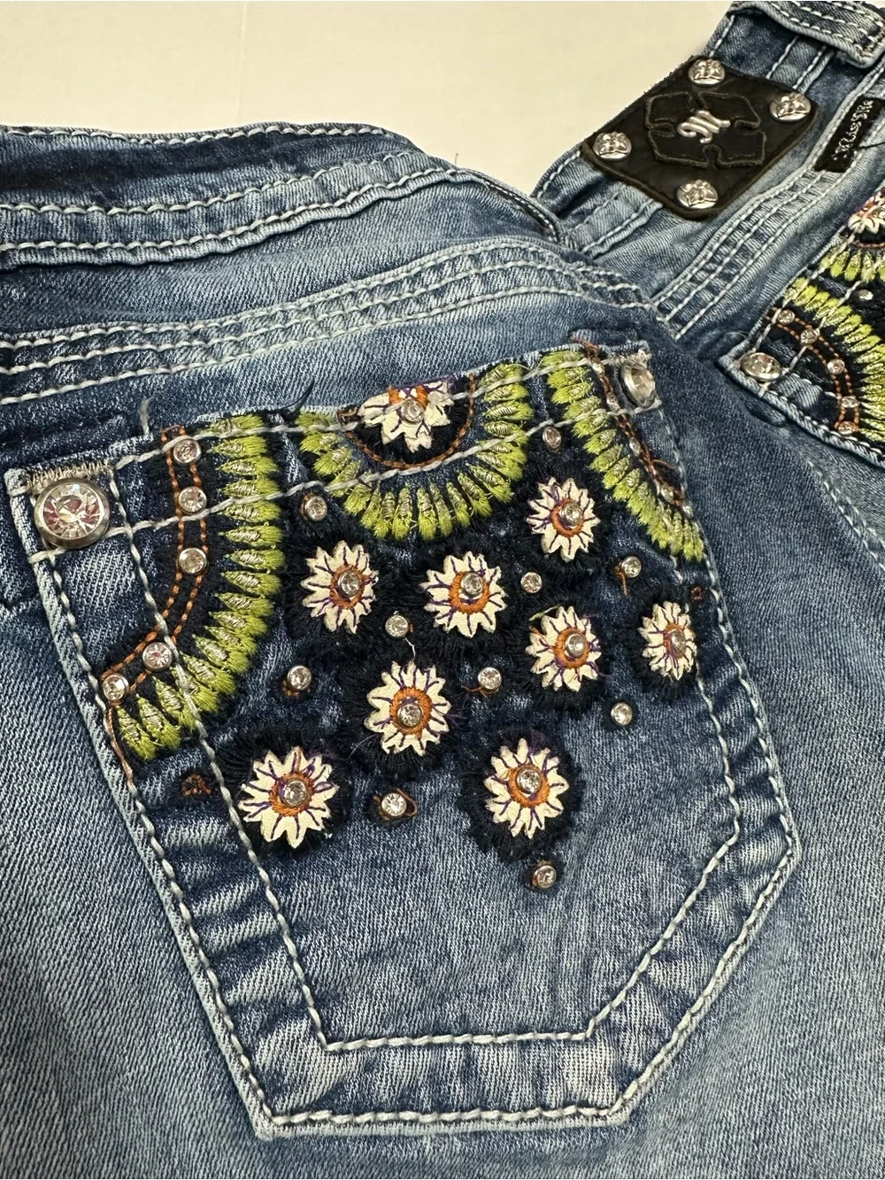 Miss Me Low Rise Distressed Size 30 Denim Shorts Embroidered Bling Pockets Y2K